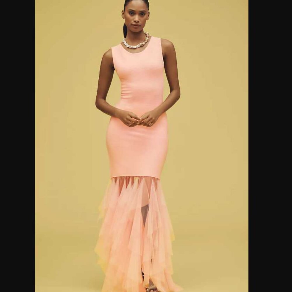 New XS Blithe x Anthropologie knit tulle sleeveless pink maxi dress